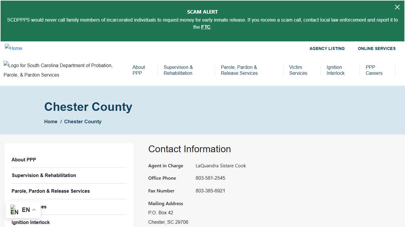 Chester County | South Carolina Department of Probation, Parole and Pardon Services